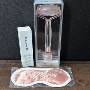 Beautybio Rose Quartz Crystal Roller, Glofacial Concentrate And Sleep Mask